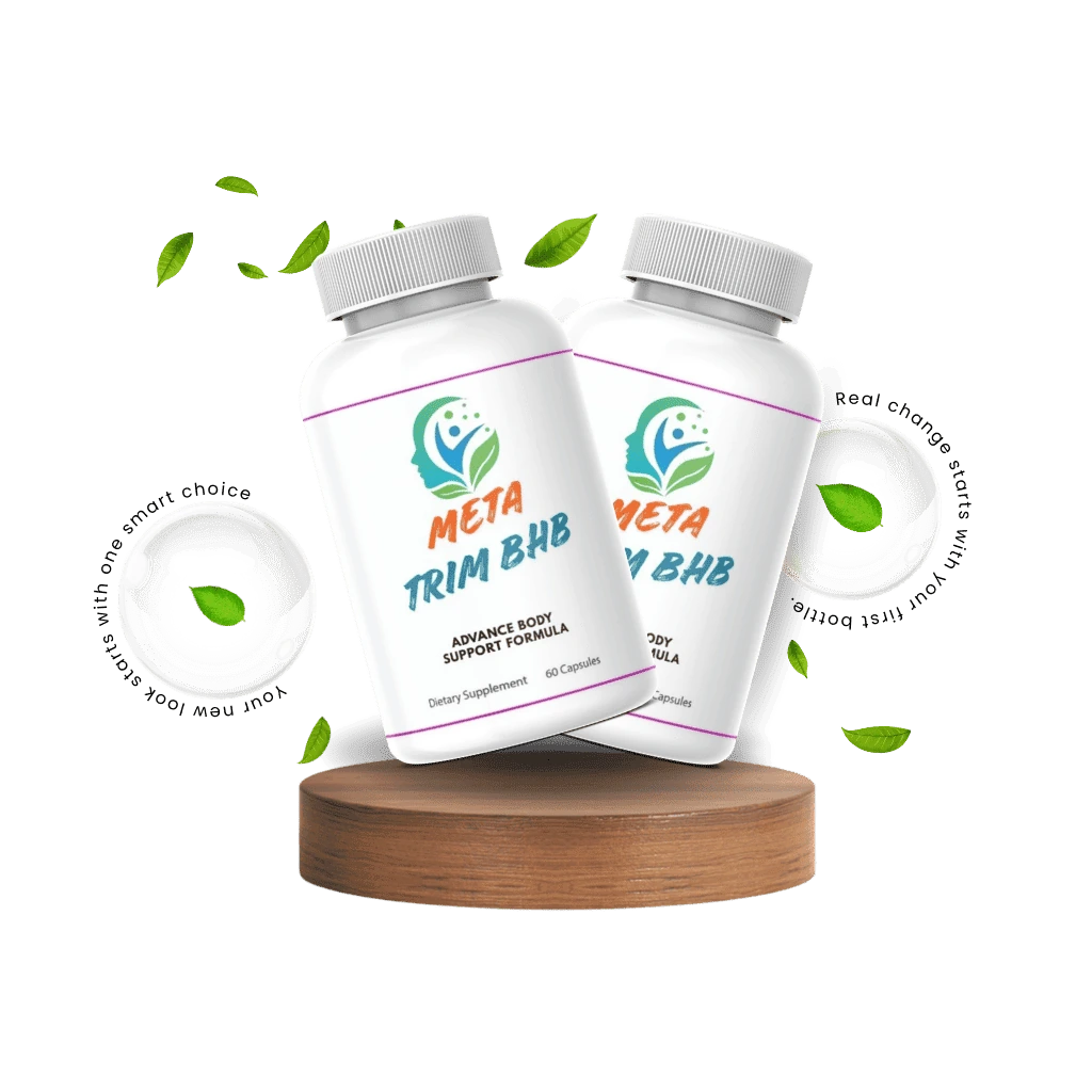 Two bottles of Metatrim BHB keto BHB capsules on a wooden stand surrounded by fresh leaves