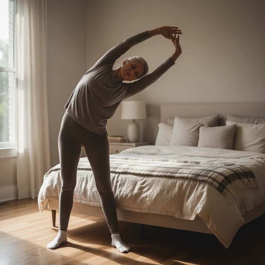 Person gently stretching by a made bed, prioritising rest and light movement during the first week of keto