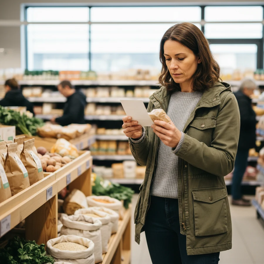 Shopper reading a supplement label in a supermarket to judge whether a keto pill is legit