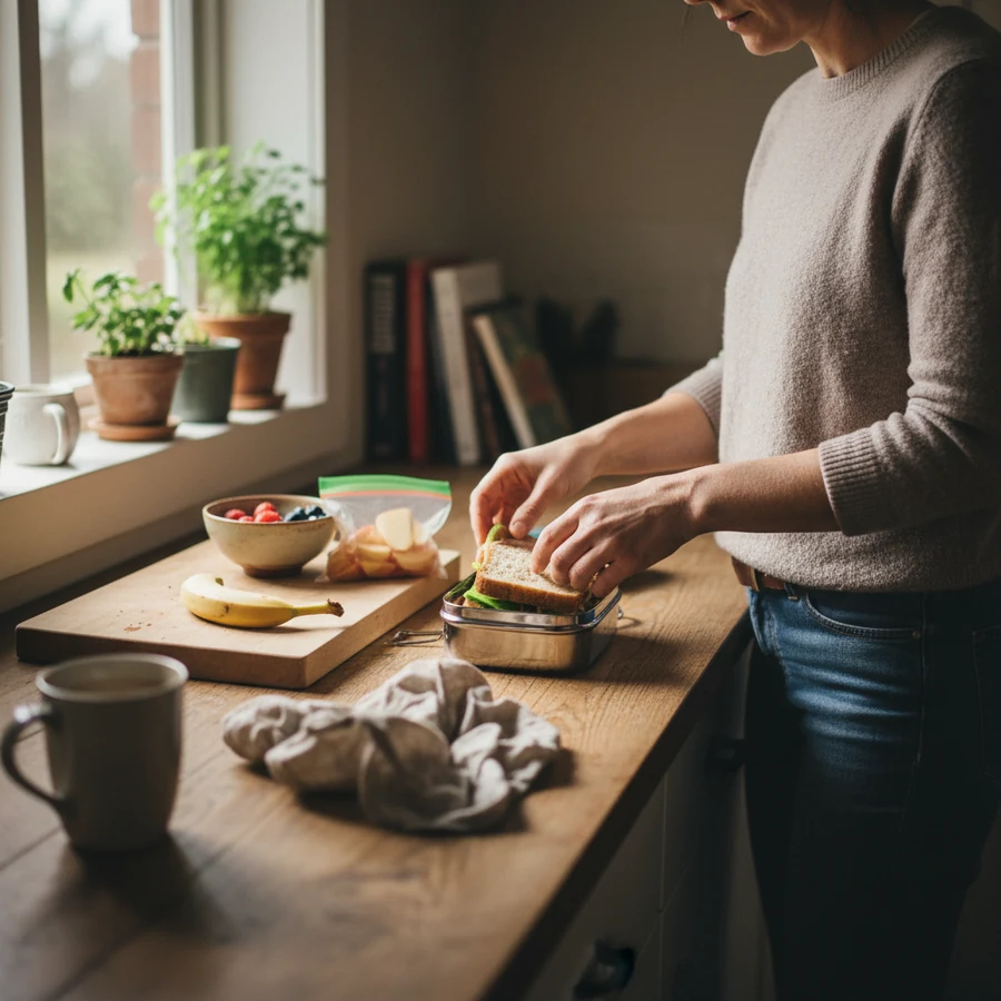 Person calmly packing a low-carb lunch, illustrating steady all-day energy on keto