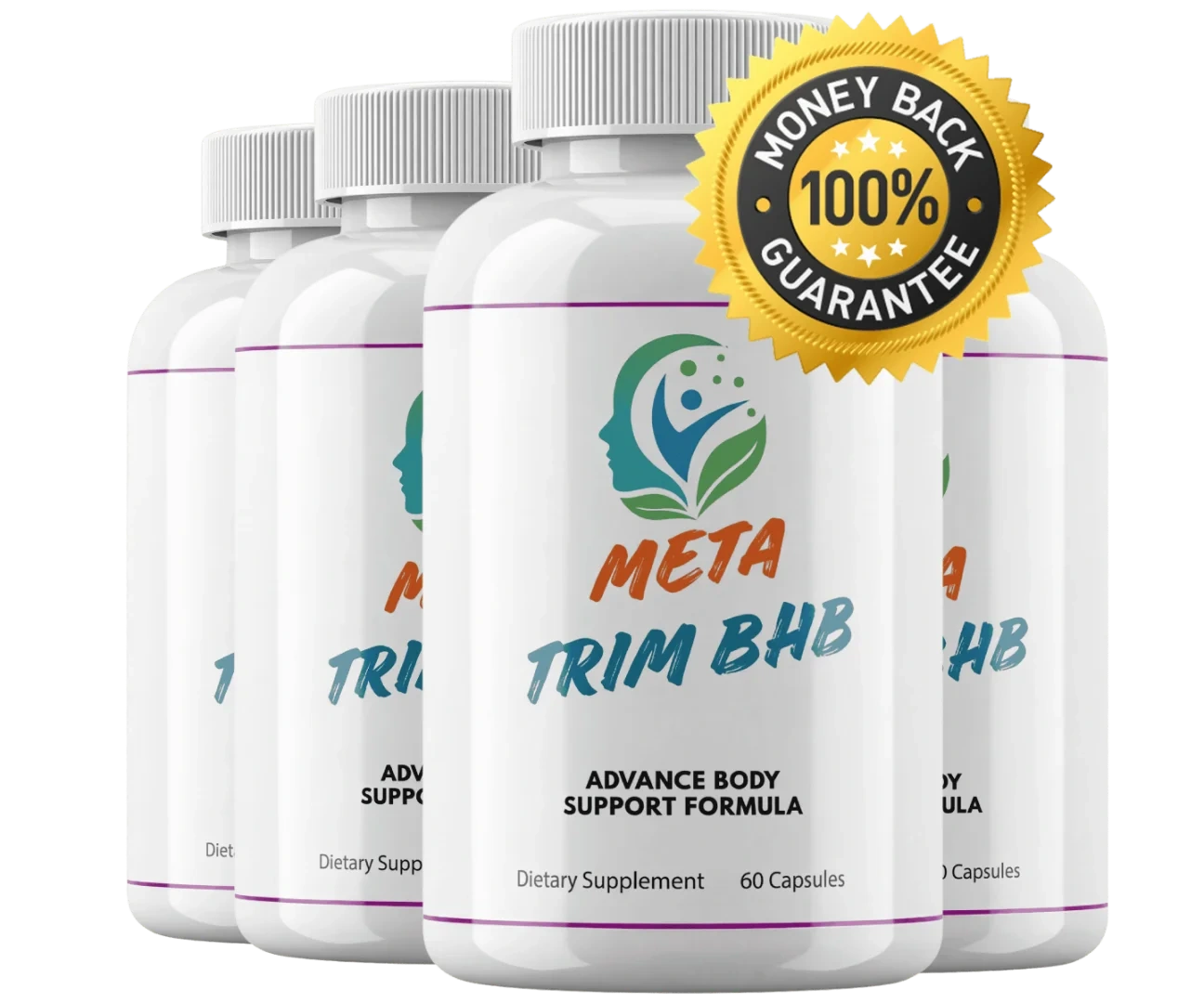 Four bottles of Metatrim BHB keto BHB capsules with a 100% money-back guarantee seal