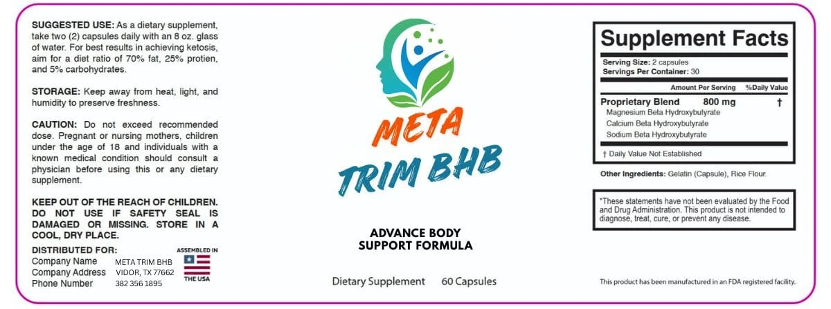 Metatrim BHB Supplement Facts label showing the 800 mg magnesium, calcium and sodium beta-hydroxybutyrate blend